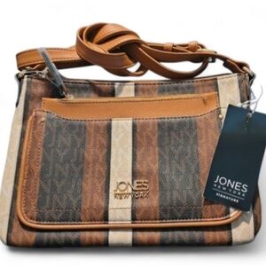 NWT Jones New York Tan And Brown Stripe Crossbody Shoulder Bag Purse w/ Wristlet